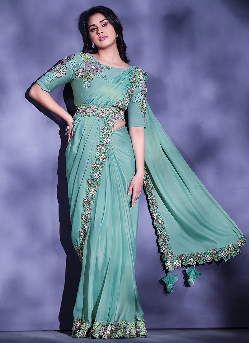 Sea Green Floral Embroidery Wedding Saree