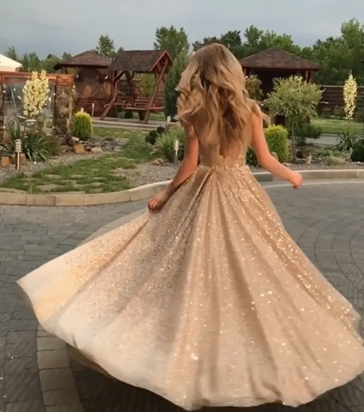 Sequin Dress Long  ,Sparkly Sequin Prom Dresses ,Open Back Light Gold Sequin Dresses