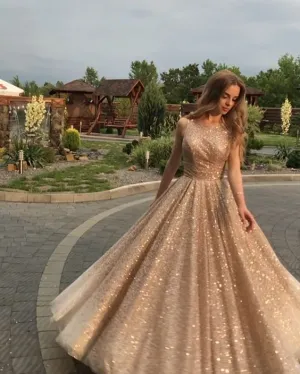 Sequin Dress Long  ,Sparkly Sequin Prom Dresses ,Open Back Light Gold Sequin Dresses