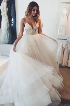 Sexy A Line Spaghetti Straps Sweep/Brush Train Sleeveless Long Tulle Bridal Gown Wedding Dresses OHD161