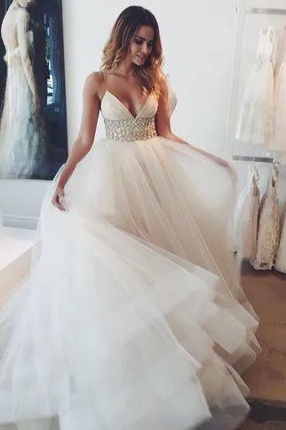 Sexy A Line Spaghetti Straps Sweep/Brush Train Sleeveless Long Tulle Bridal Gown Wedding Dresses OHD161