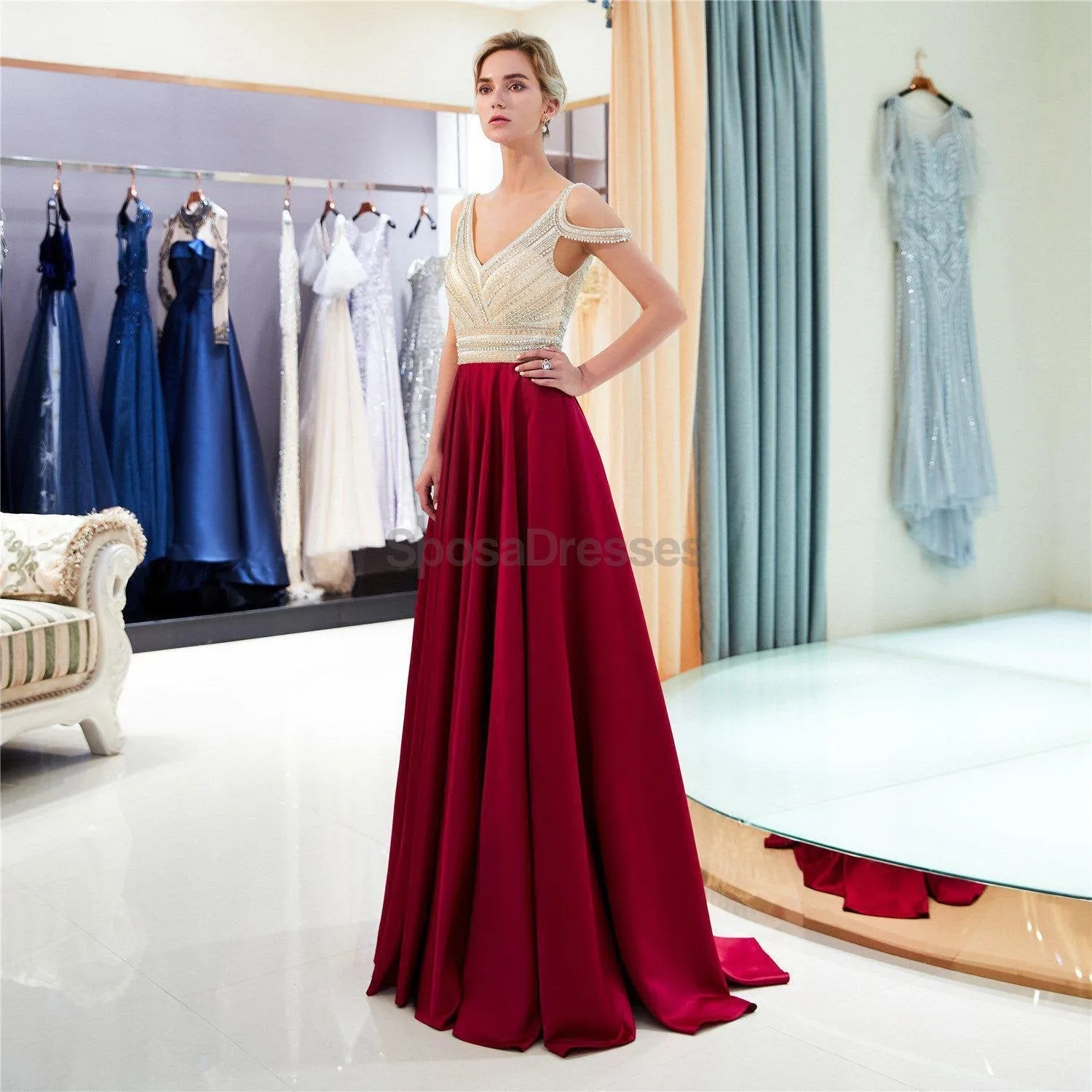 Sexy Backless Off Shoulder Beaded Evening Prom Dresses, Evening Party Prom Dresses, 12028