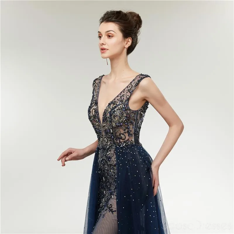 Sexy Backless V Neck Heavily Beaded Navy Long Evening Prom Dresses, Evening Party Prom Dresses, 12006