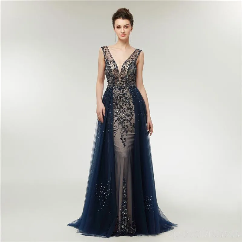 Sexy Backless V Neck Heavily Beaded Navy Long Evening Prom Dresses, Evening Party Prom Dresses, 12006