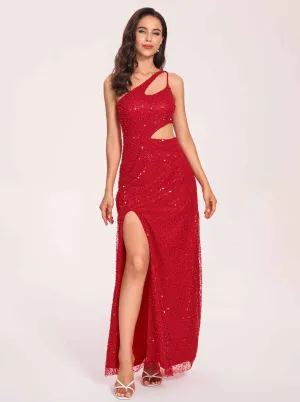 Sexy Beading Sheath Long Prom Dress One Shoulder Side-slit Evening Dress