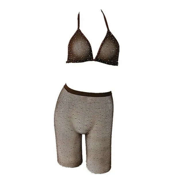 Sexy Women Rhinestone Mesh Transparent Bikini Set Halter Top Bras Fishnet High Waist Shorts Babydoll Underwear