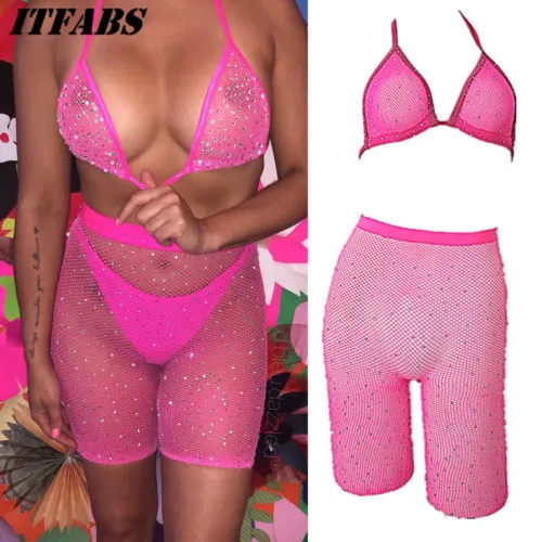 Sexy Women Rhinestone Mesh Transparent Bikini Set Halter Top Bras Fishnet High Waist Shorts Babydoll Underwear