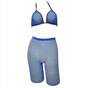 Sexy Women Rhinestone Mesh Transparent Bikini Set Halter Top Bras Fishnet High Waist Shorts Babydoll Underwear