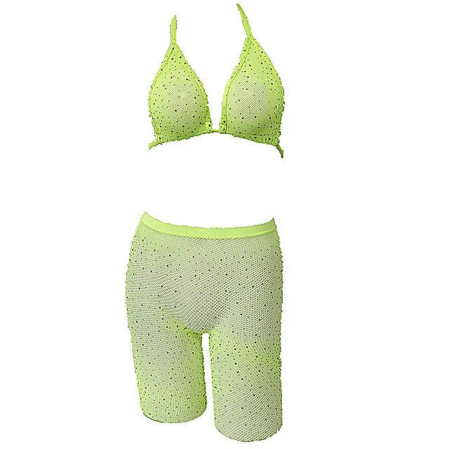 Sexy Women Rhinestone Mesh Transparent Bikini Set Halter Top Bras Fishnet High Waist Shorts Babydoll Underwear