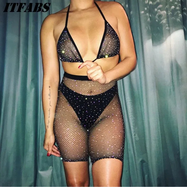 Sexy Women Rhinestone Mesh Transparent Bikini Set Halter Top Bras Fishnet High Waist Shorts Babydoll Underwear