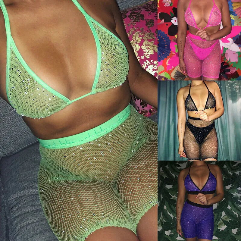 Sexy Women Rhinestone Mesh Transparent Bikini Set Halter Top Bras Fishnet High Waist Shorts Babydoll Underwear