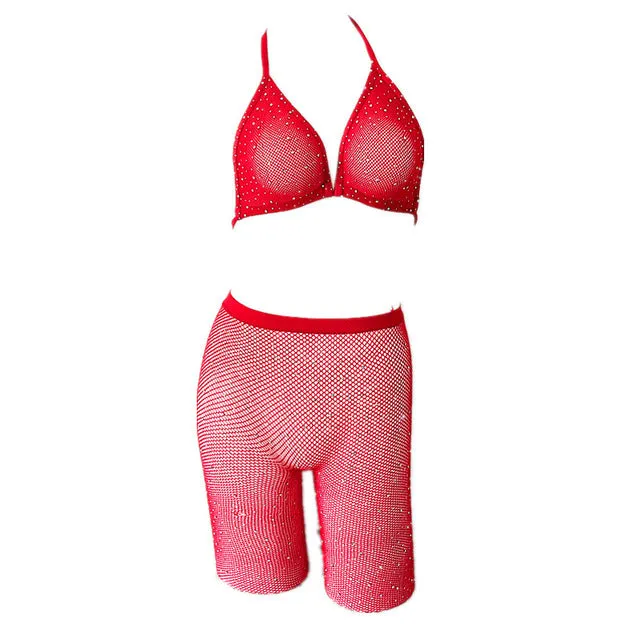 Sexy Women Rhinestone Mesh Transparent Bikini Set Halter Top Bras Fishnet High Waist Shorts Babydoll Underwear