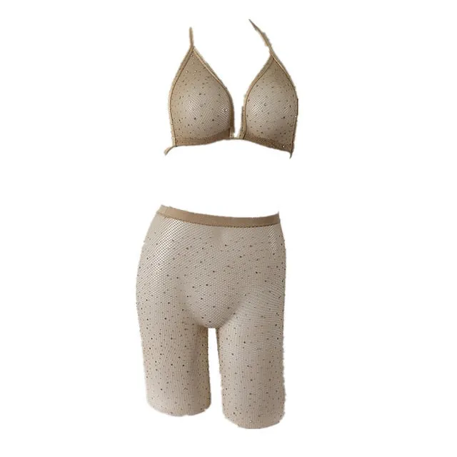 Sexy Women Rhinestone Mesh Transparent Bikini Set Halter Top Bras Fishnet High Waist Shorts Babydoll Underwear
