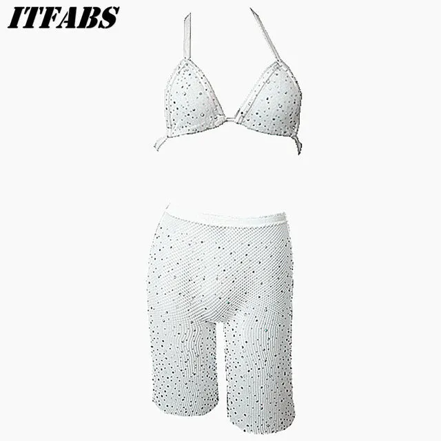Sexy Women Rhinestone Mesh Transparent Bikini Set Halter Top Bras Fishnet High Waist Shorts Babydoll Underwear