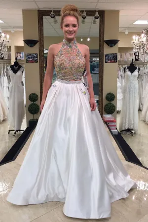 Shinning Two Pieces Strapless Rhinestone Long White Satin Prom Dresses OHC479