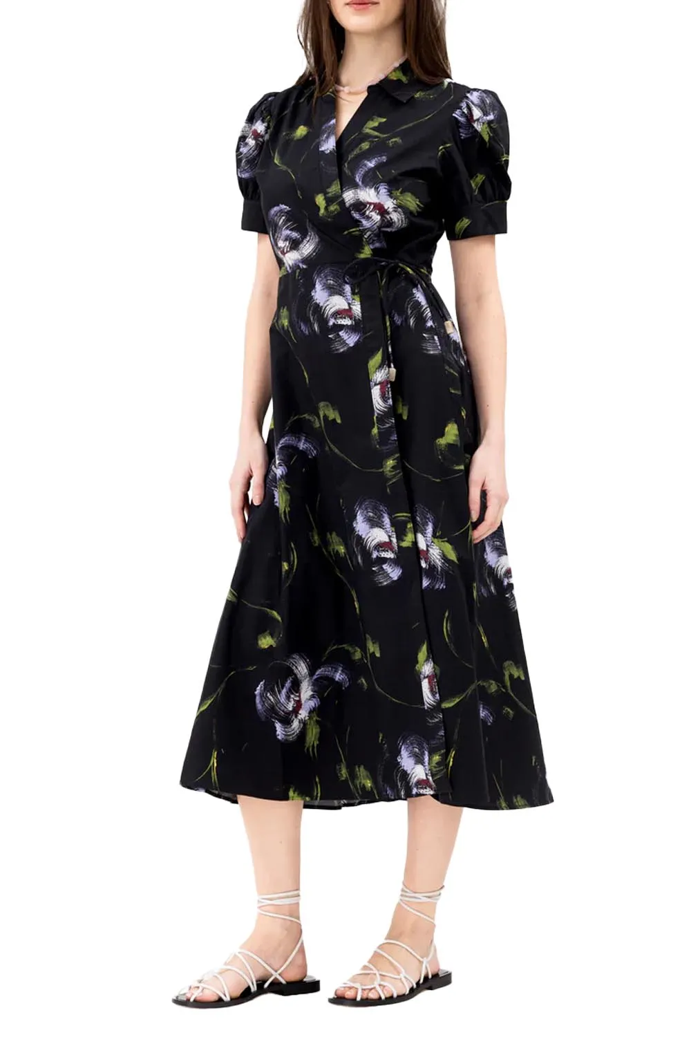 Short Sleeve Midi Shivon Dress in Black Periwinkle Multi
