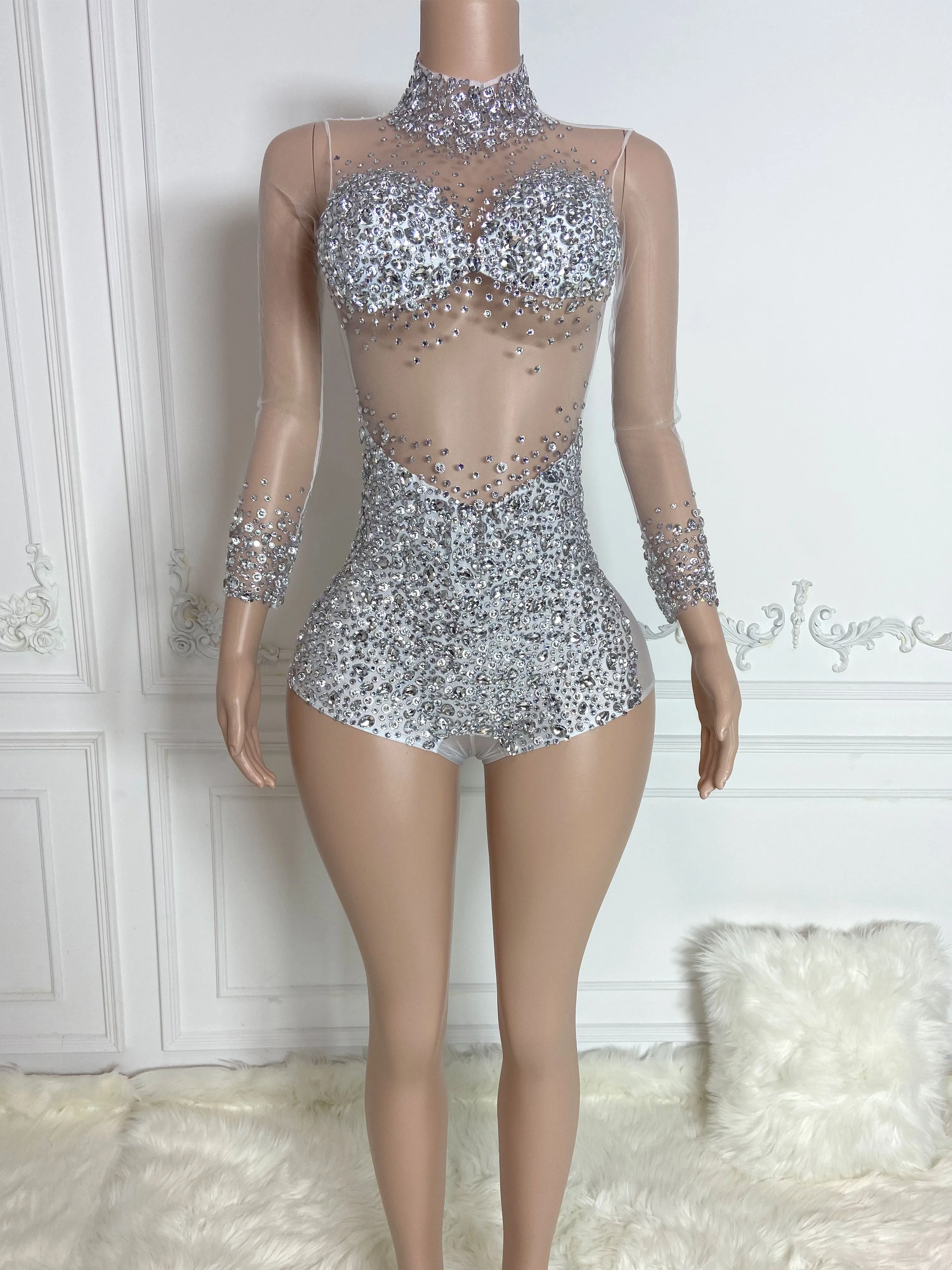 Silver High Collar Long Sleeve Rhinestone Jumpsuit