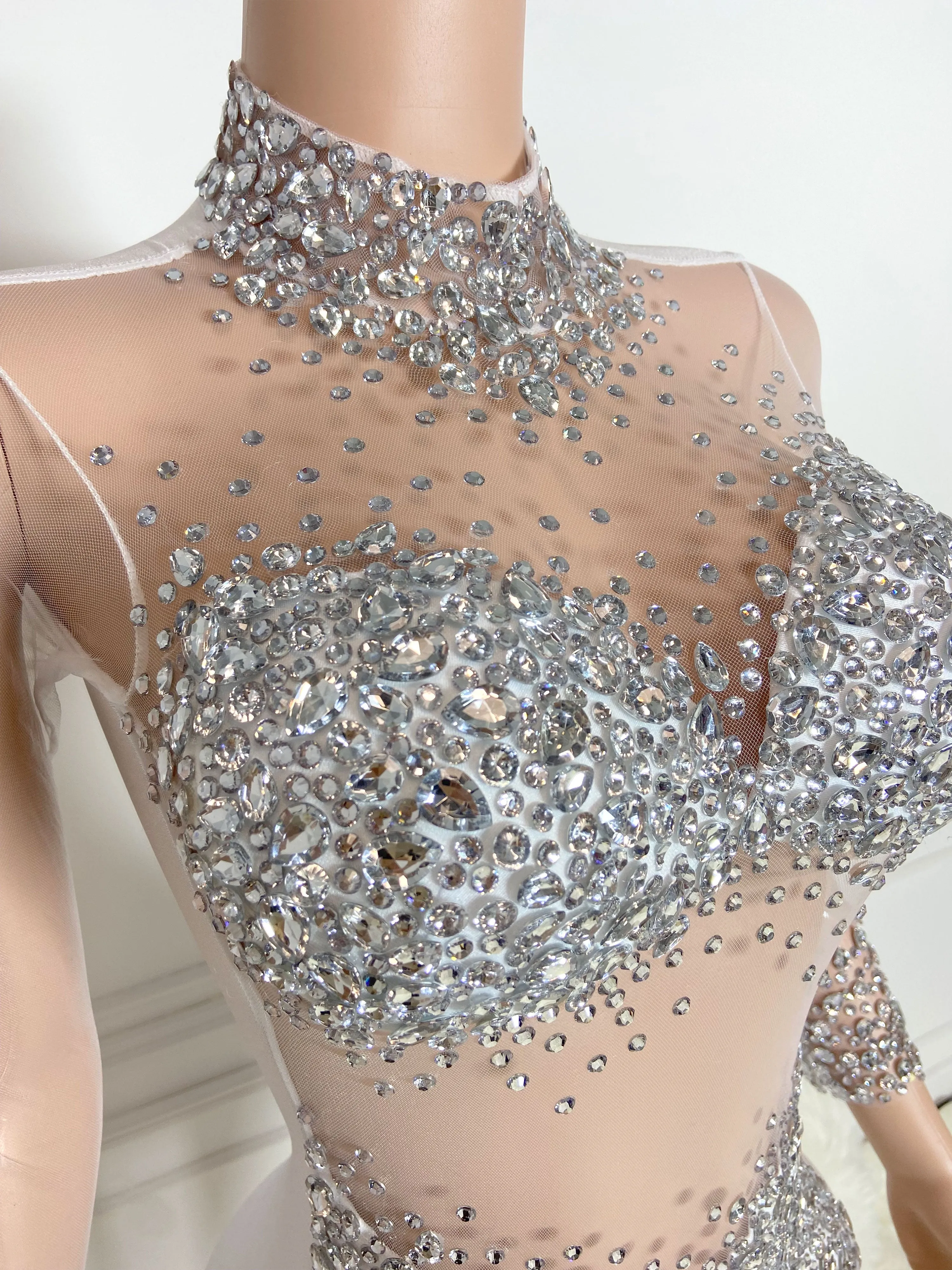 Silver High Collar Long Sleeve Rhinestone Jumpsuit