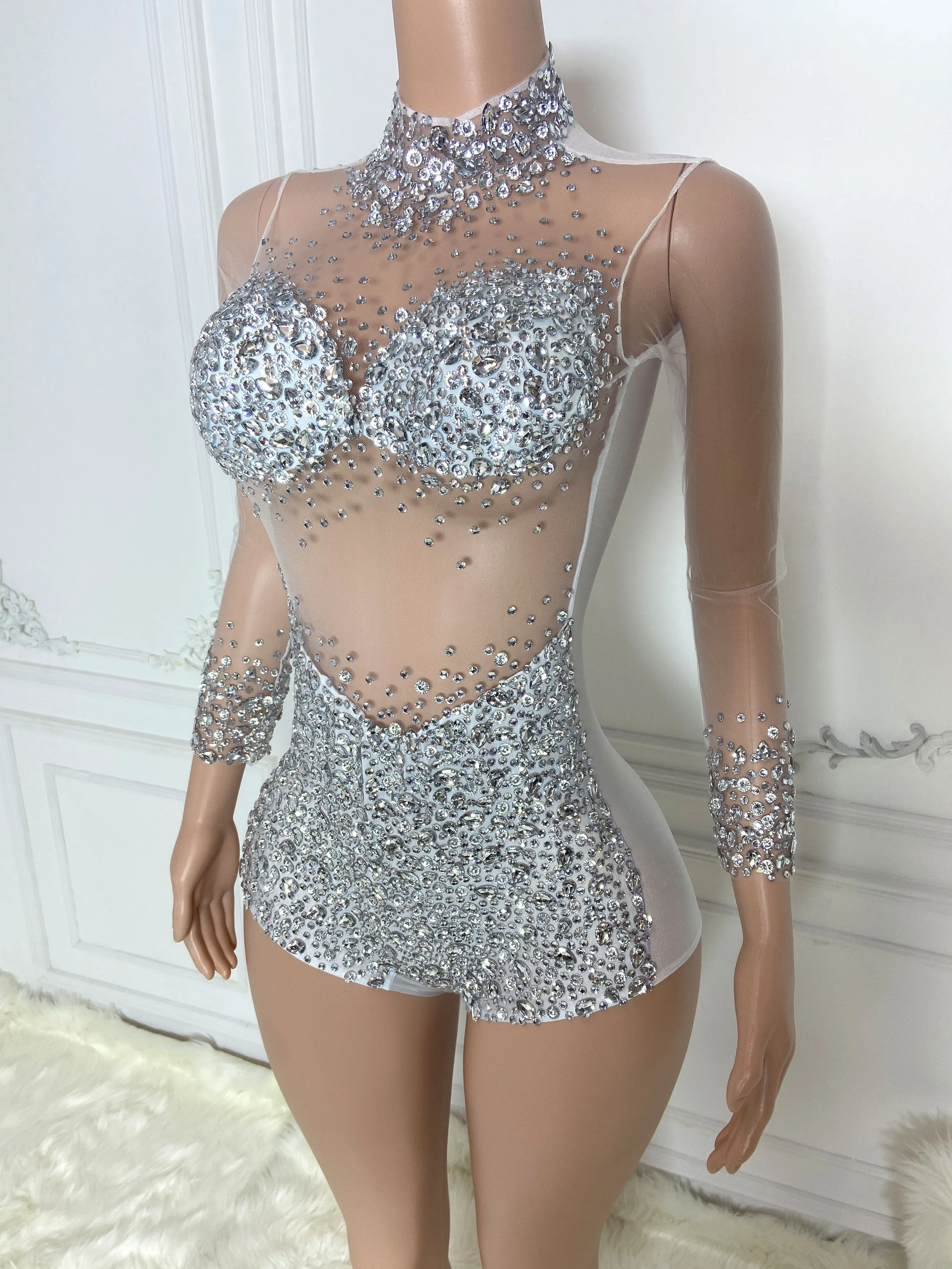Silver High Collar Long Sleeve Rhinestone Jumpsuit