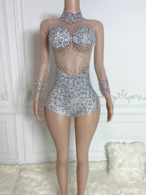 Silver High Collar Long Sleeve Rhinestone Jumpsuit