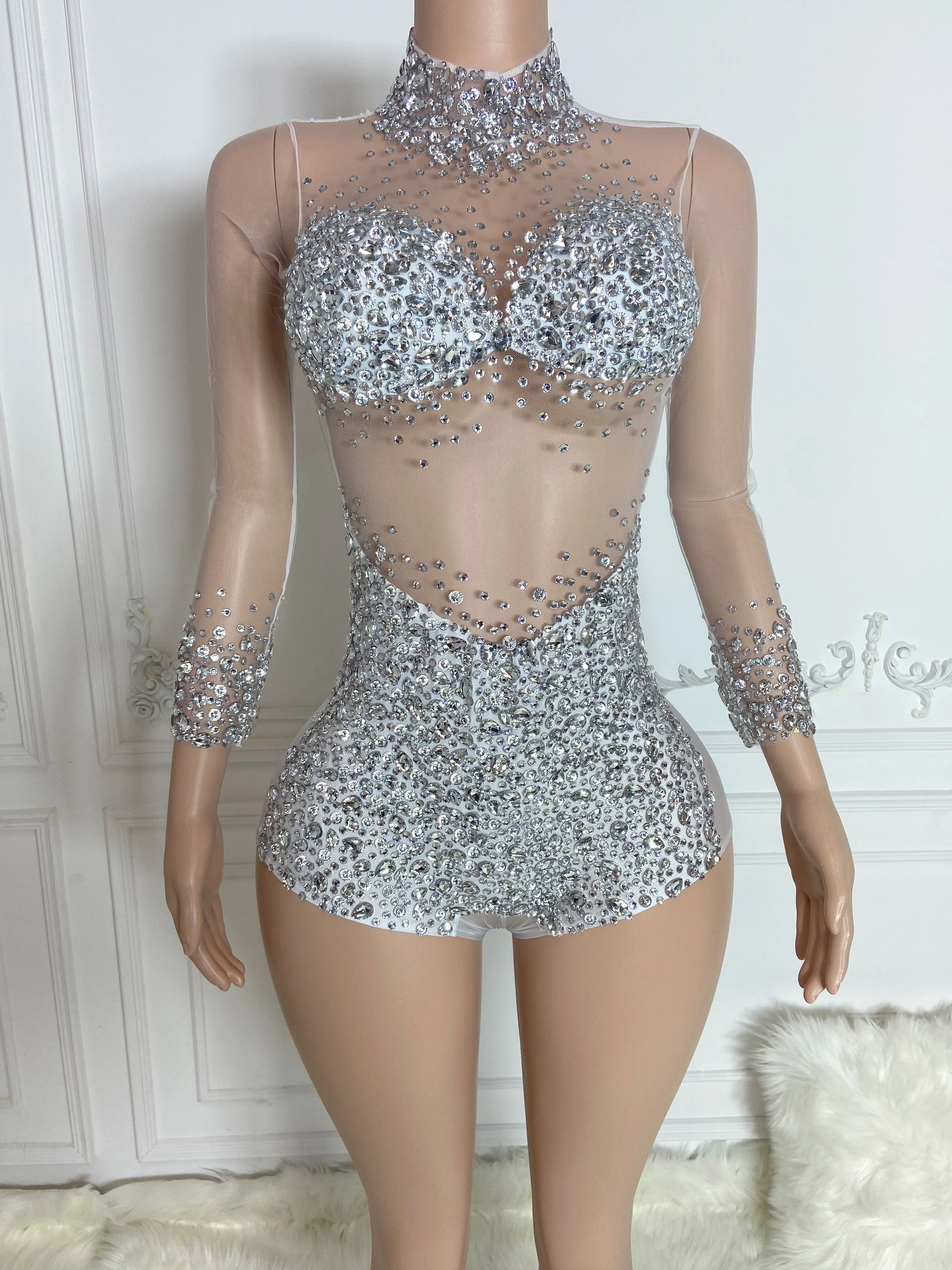Silver High Collar Long Sleeve Rhinestone Jumpsuit