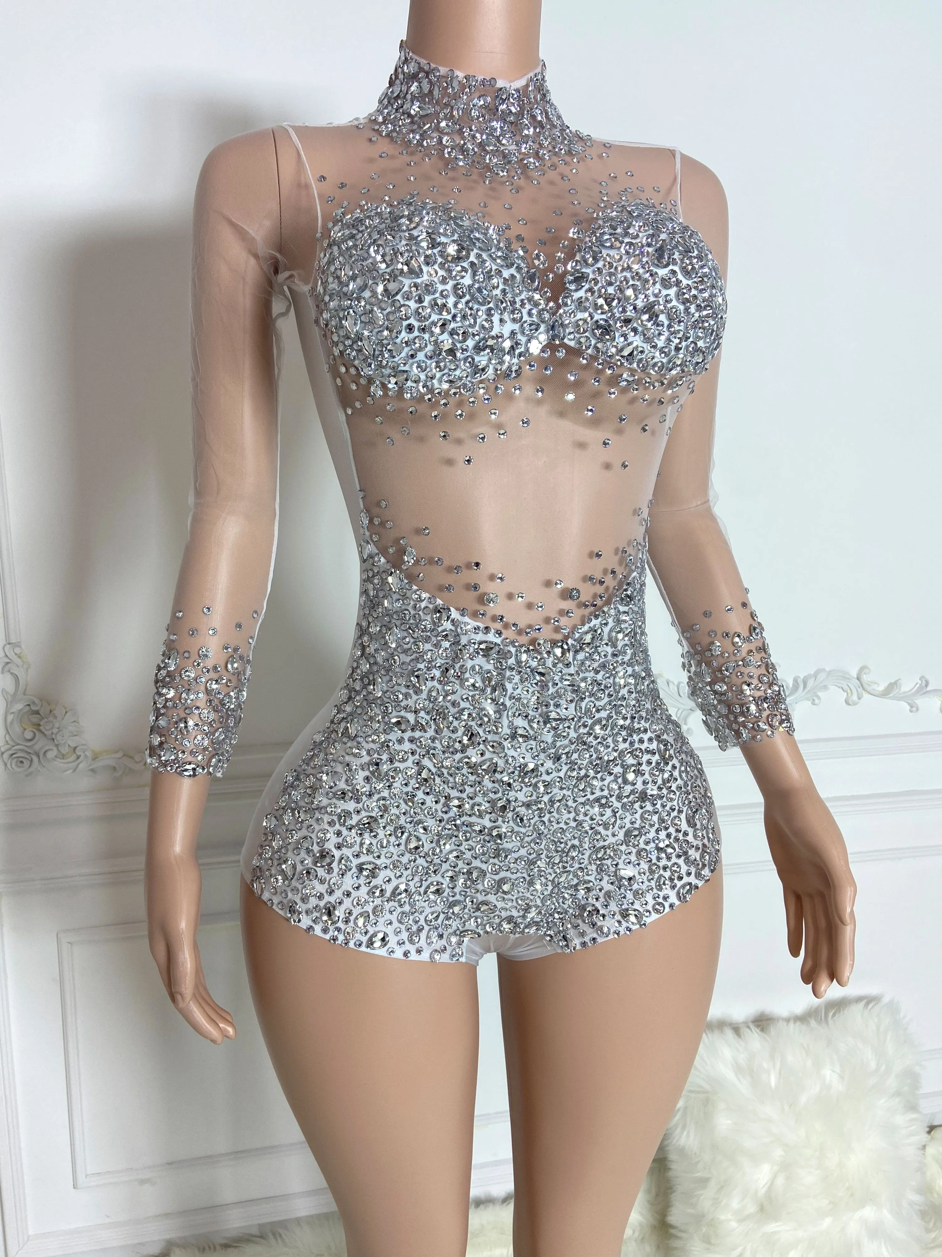 Silver High Collar Long Sleeve Rhinestone Jumpsuit