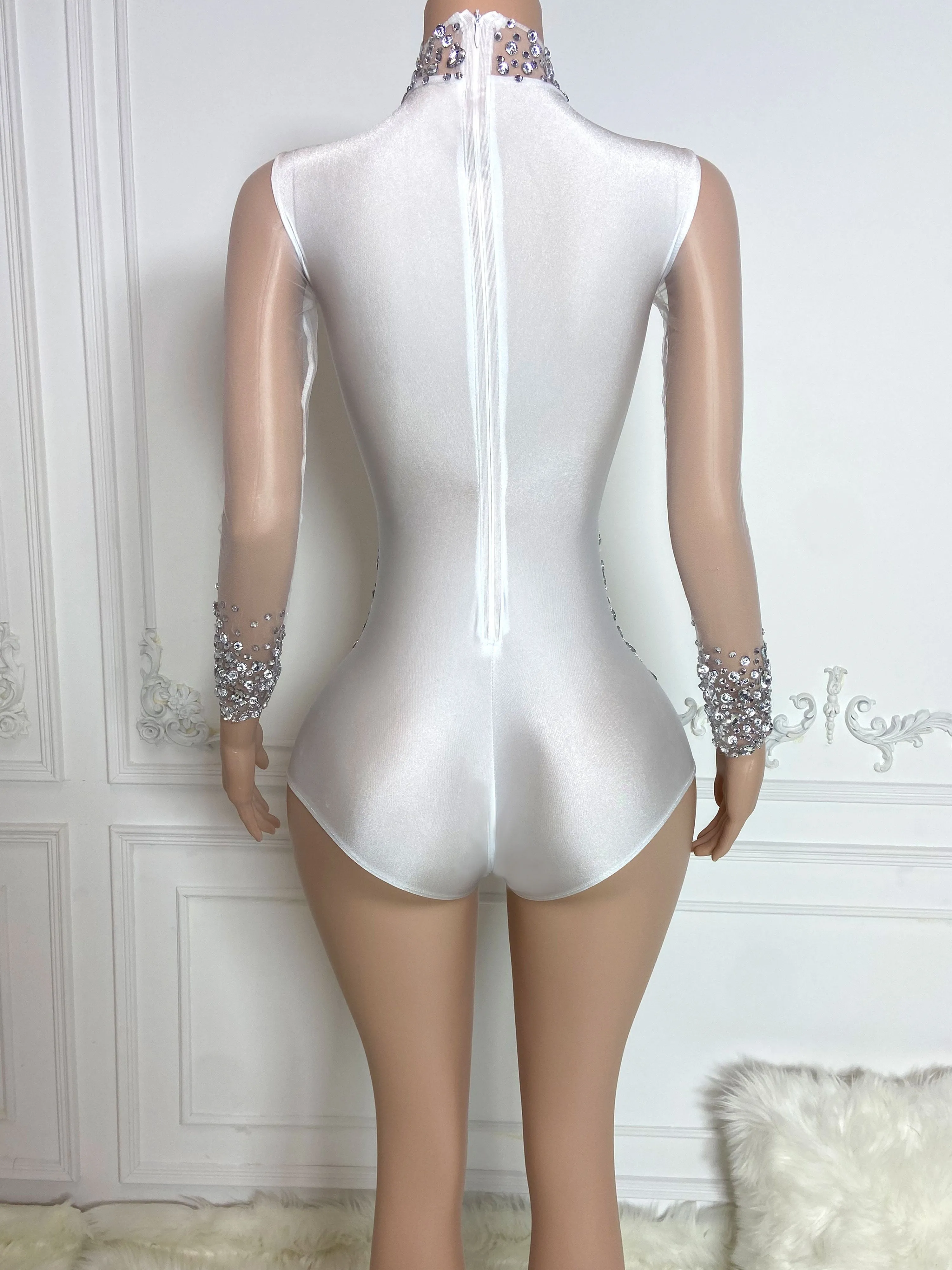 Silver High Collar Long Sleeve Rhinestone Jumpsuit