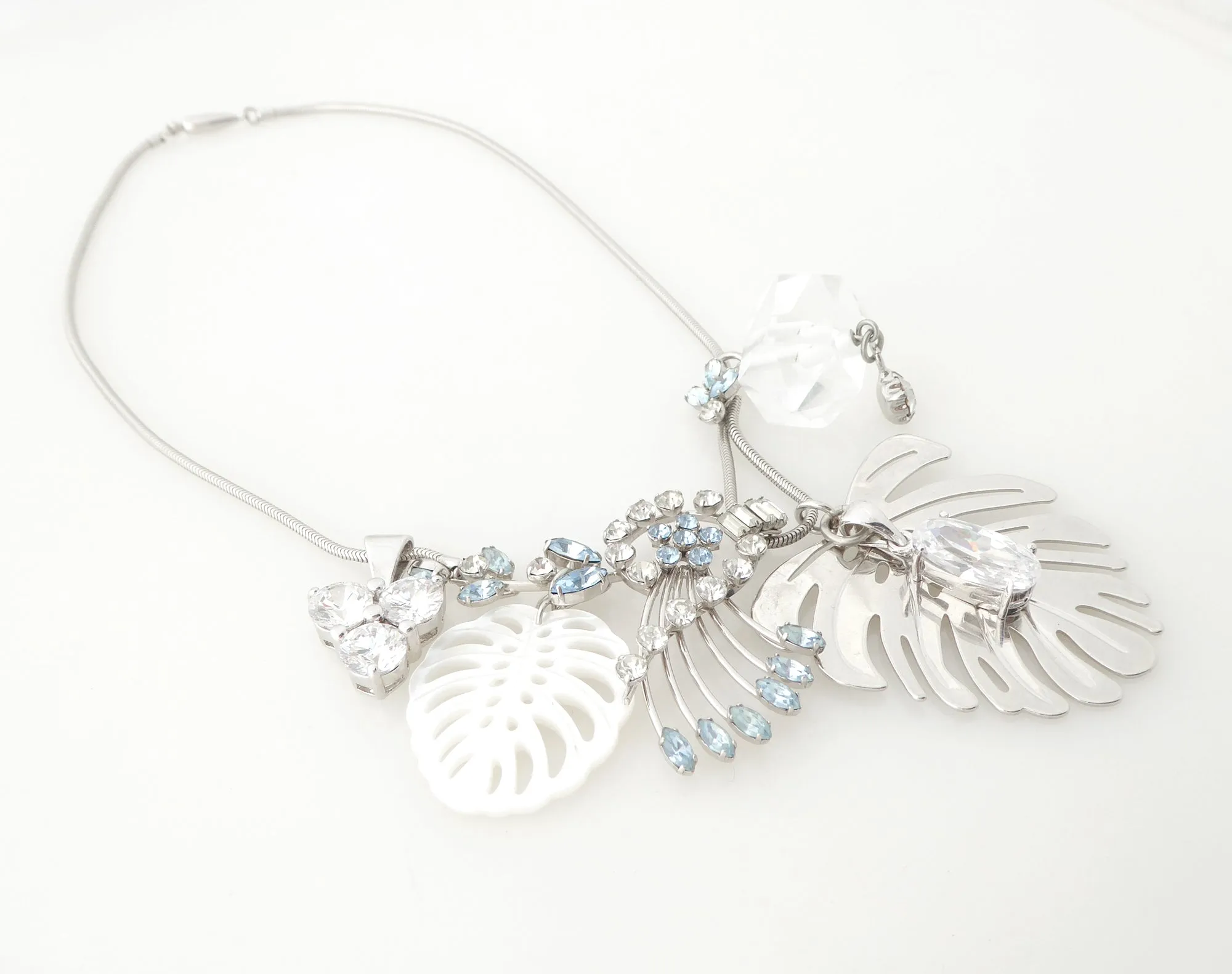 Silver monstera leaf cluster necklace