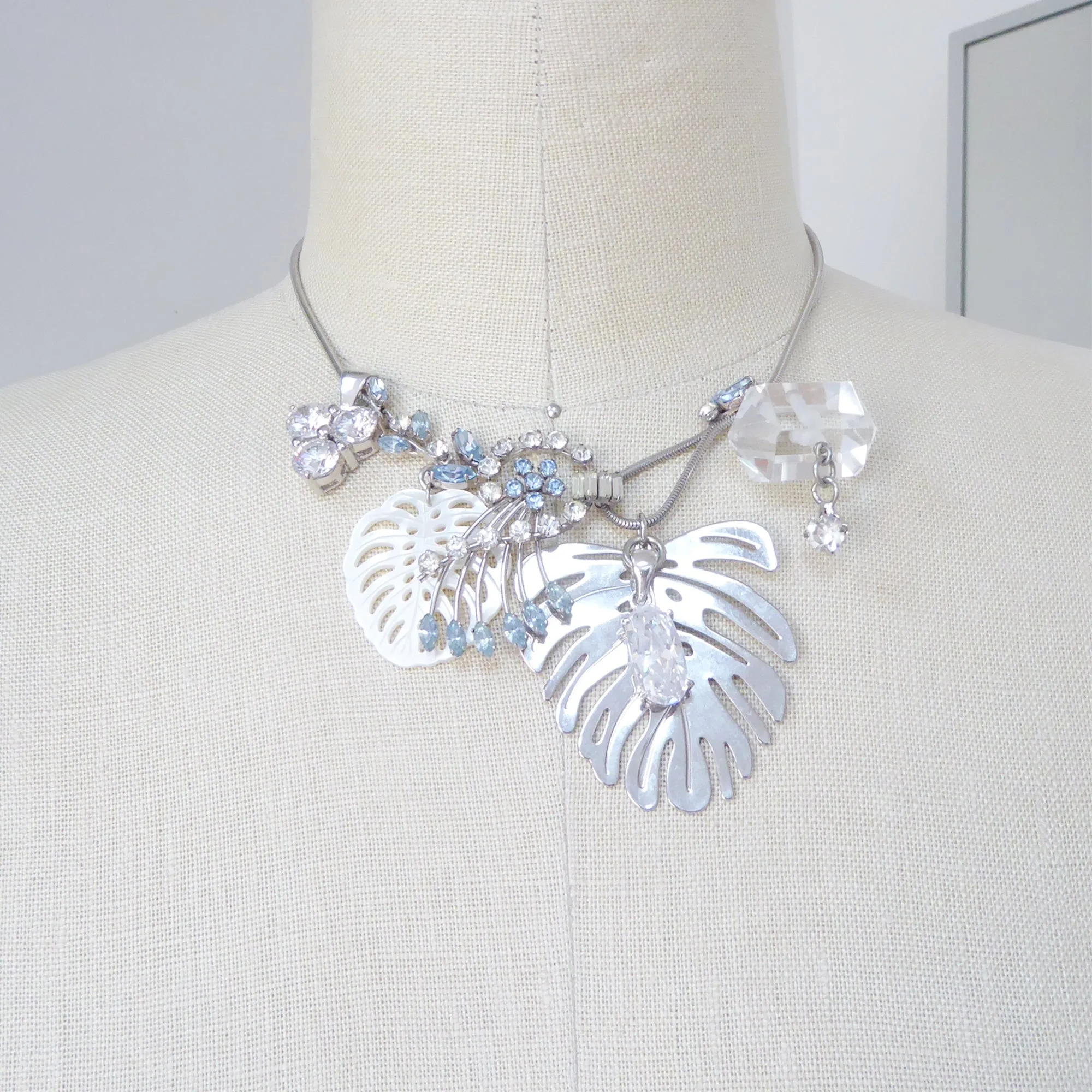 Silver monstera leaf cluster necklace