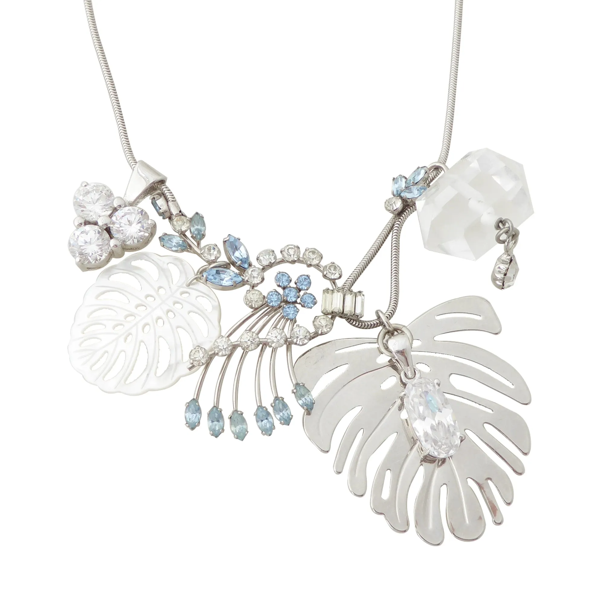 Silver monstera leaf cluster necklace