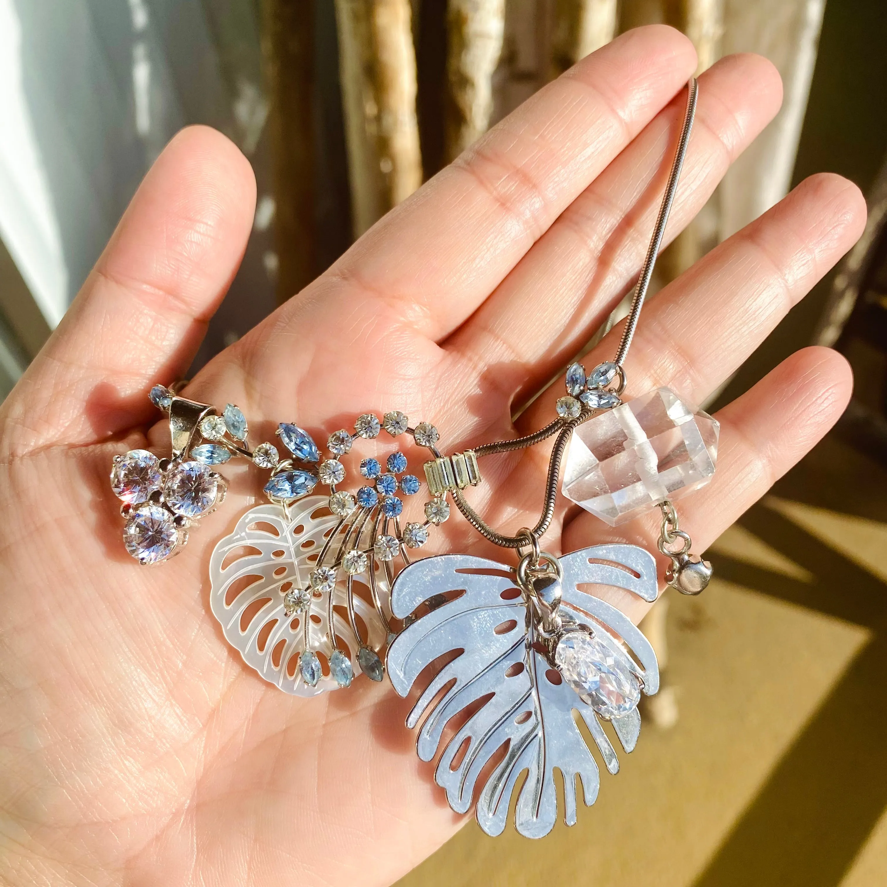 Silver monstera leaf cluster necklace