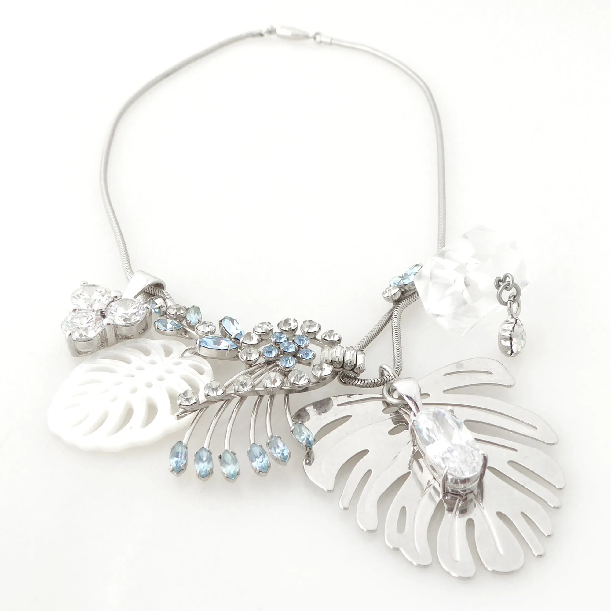 Silver monstera leaf cluster necklace