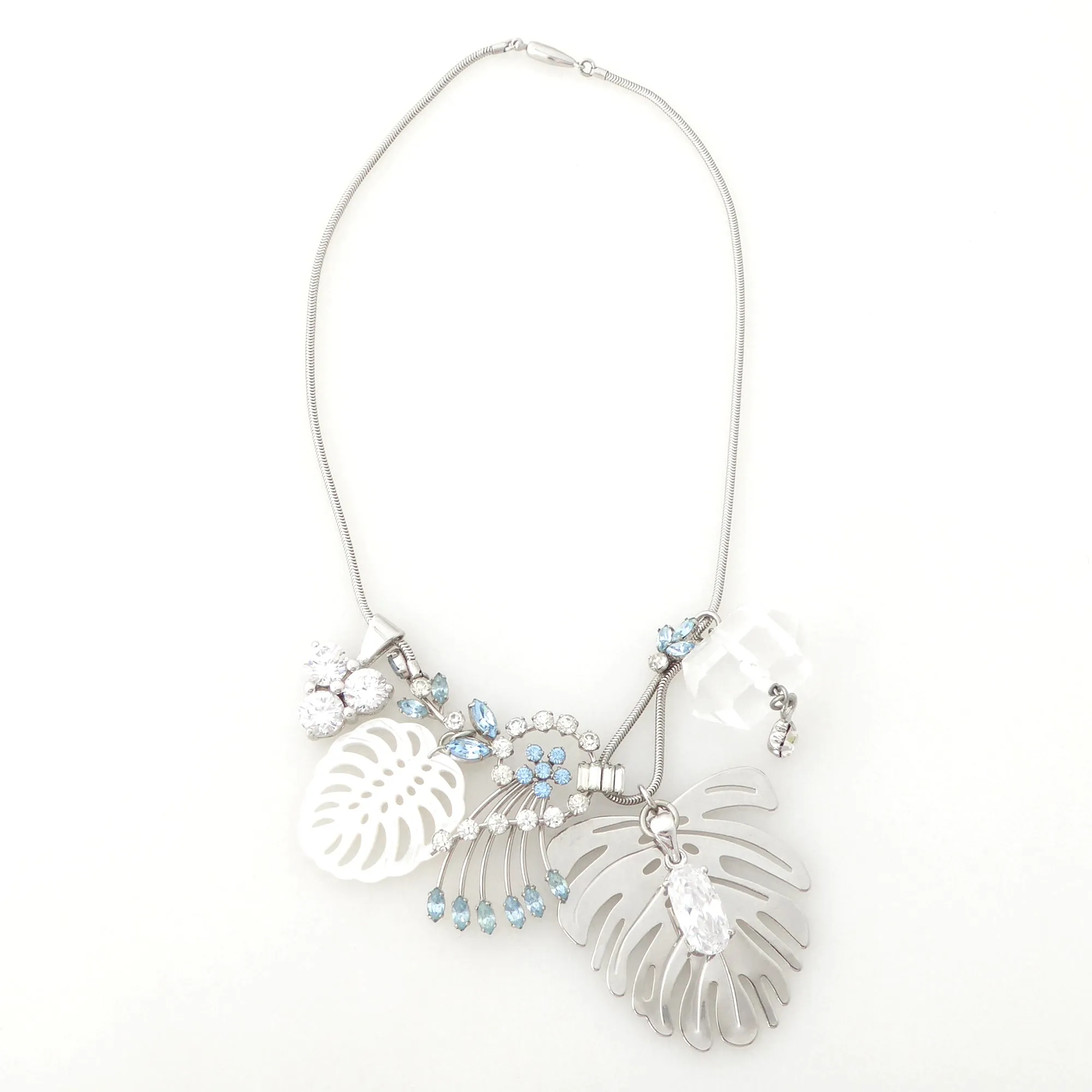 Silver monstera leaf cluster necklace