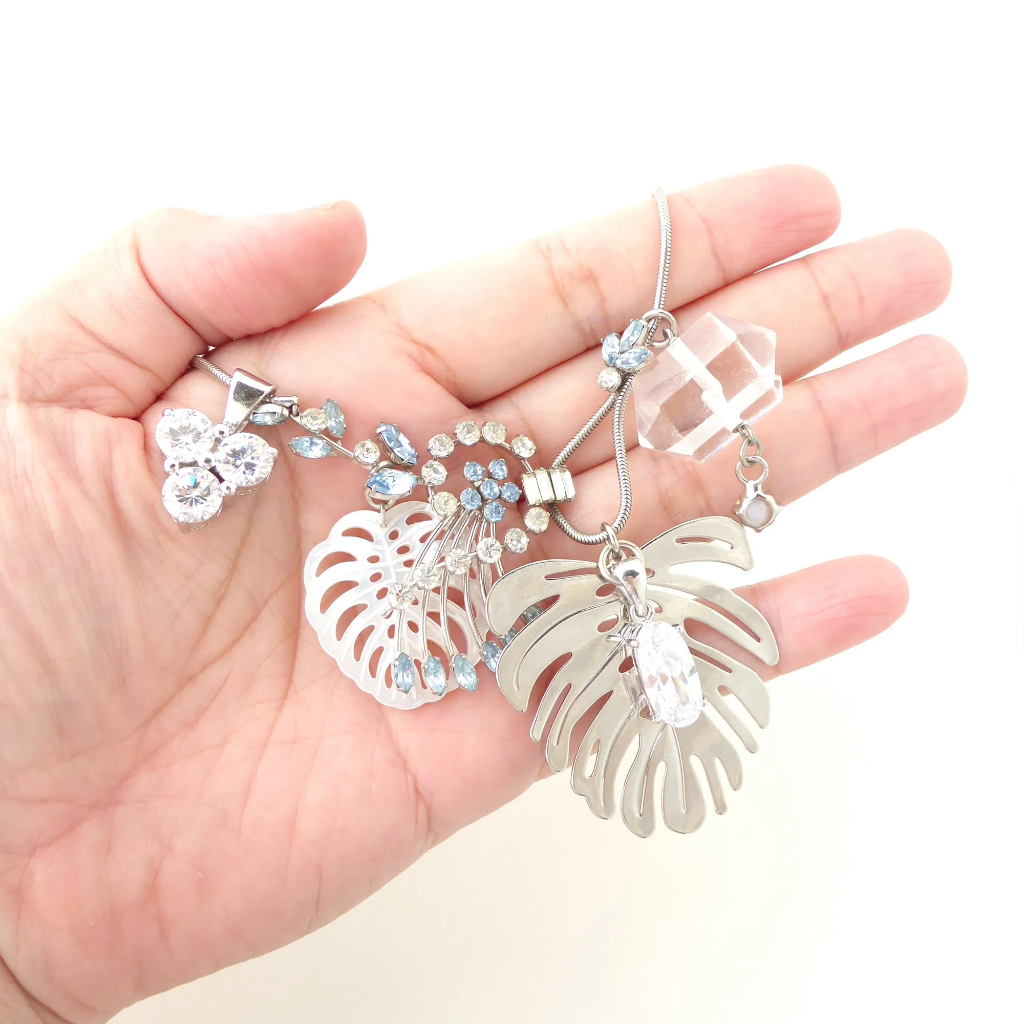 Silver monstera leaf cluster necklace