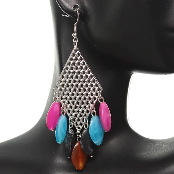 Silver Multicolor Beaded Filigree Caged Dangle Earrings