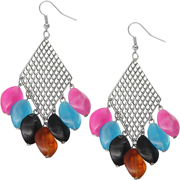 Silver Multicolor Beaded Filigree Caged Dangle Earrings