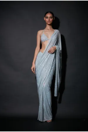 Silver Net Embellished Pre-Draped Saree Set