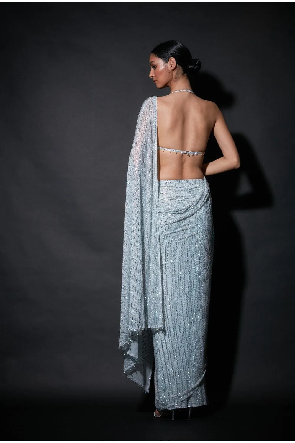 Silver Net Embellished Pre-Draped Saree Set