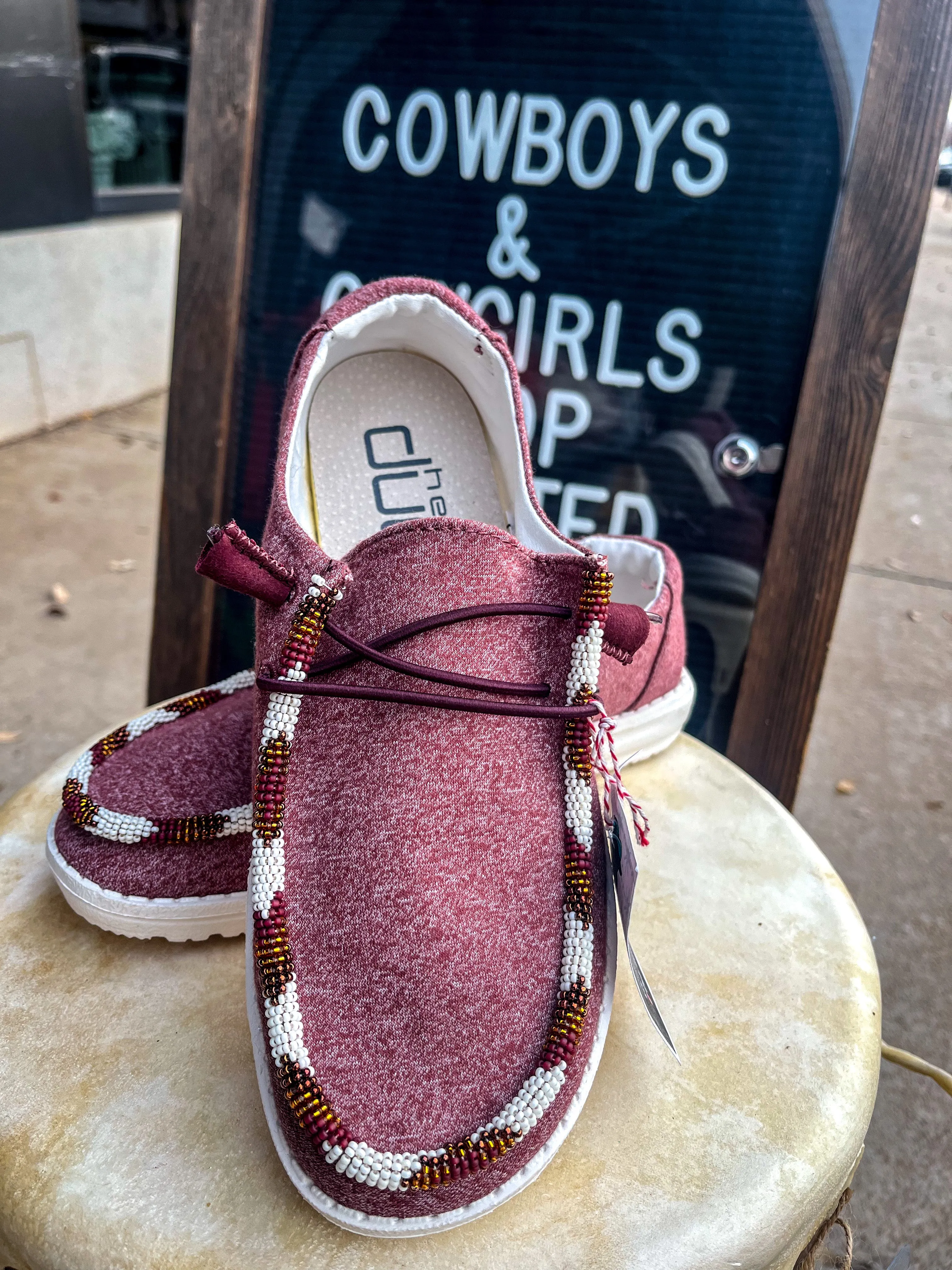 Size 7 Burgundy Beaded Hey Dudes