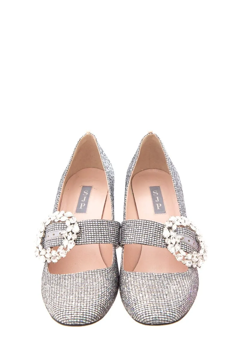 SJP Silver Sparkle & Rhinestone Buckle Heels SZ40