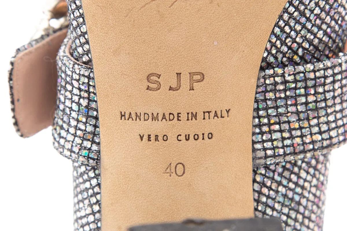 SJP Silver Sparkle & Rhinestone Buckle Heels SZ40