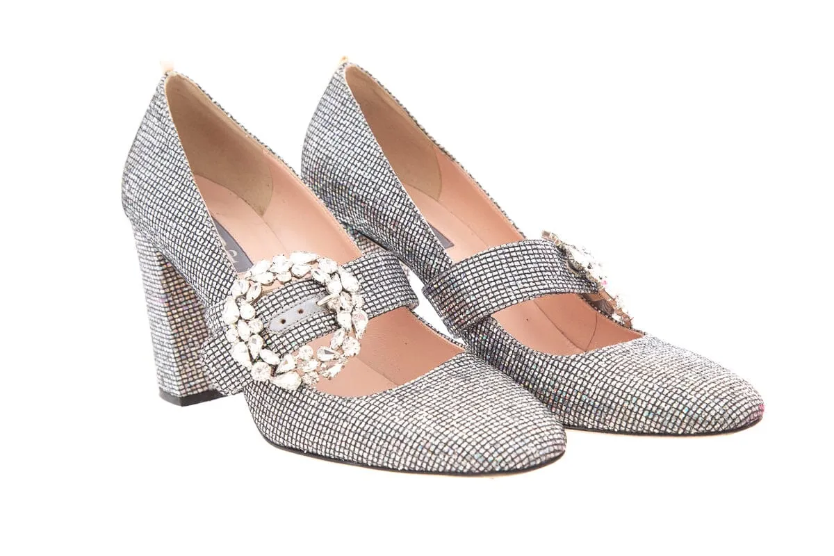 SJP Silver Sparkle & Rhinestone Buckle Heels SZ40