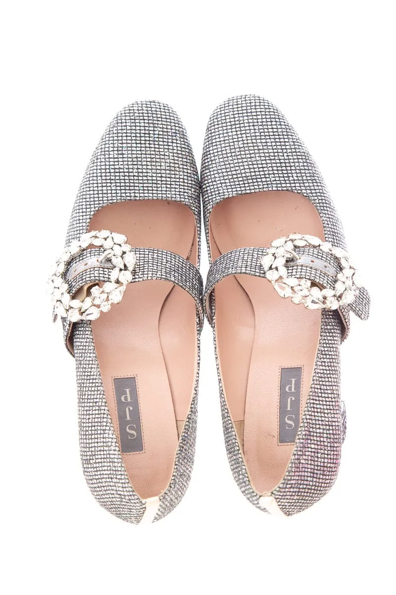 SJP Silver Sparkle & Rhinestone Buckle Heels SZ40