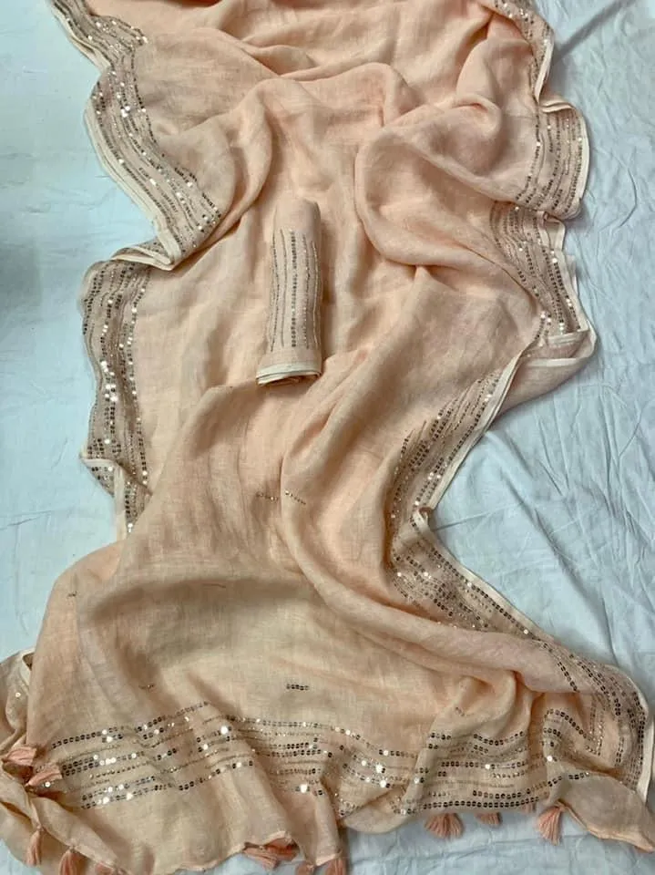 Skin Color Linen Embroidery Saree