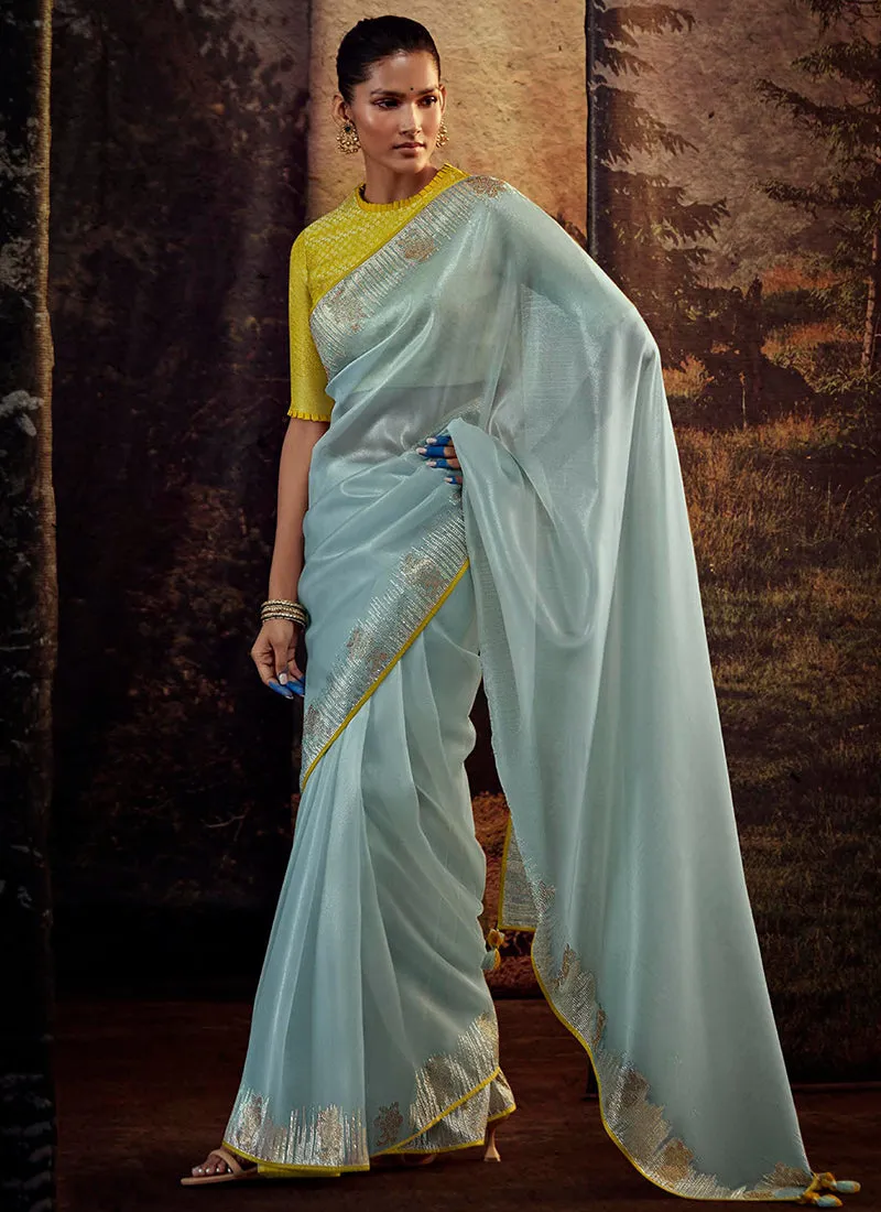 Sky Blue And Yellow Embroidered Organza Silk Saree