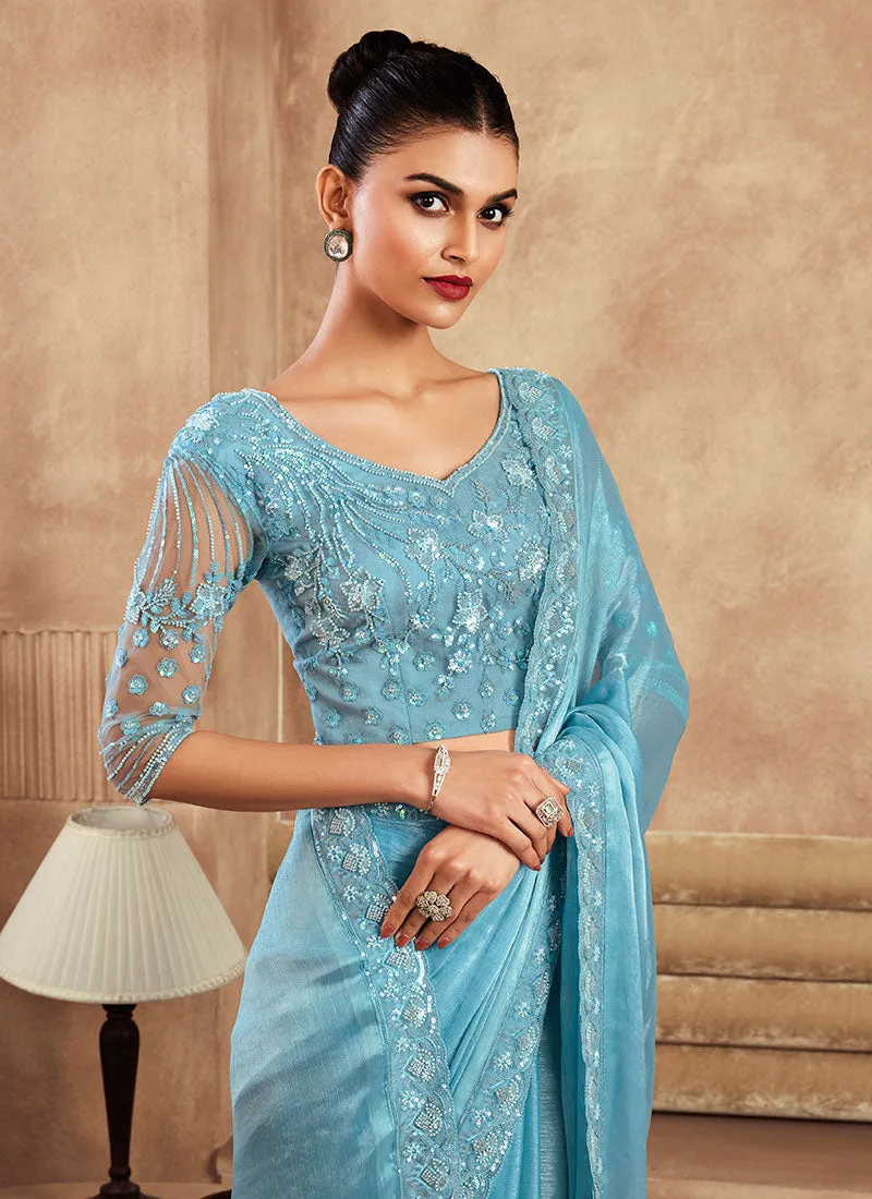 Sky Blue Sequence  Wedding Silk Saree