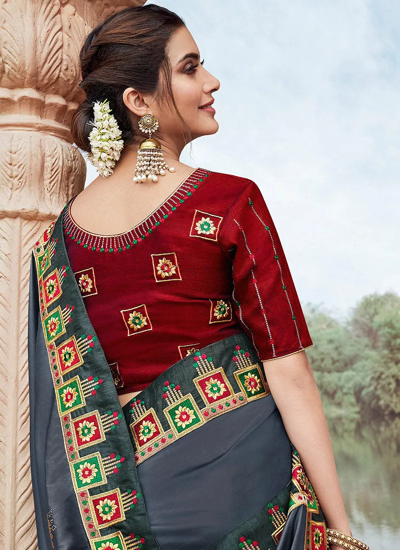 Slate Grey And Red Multi Embroidered Saree