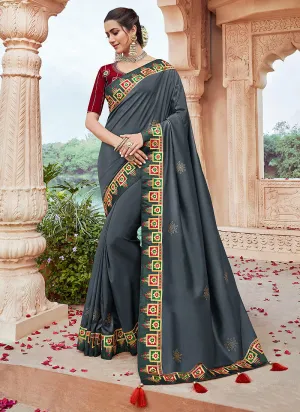 Slate Grey And Red Multi Embroidered Saree