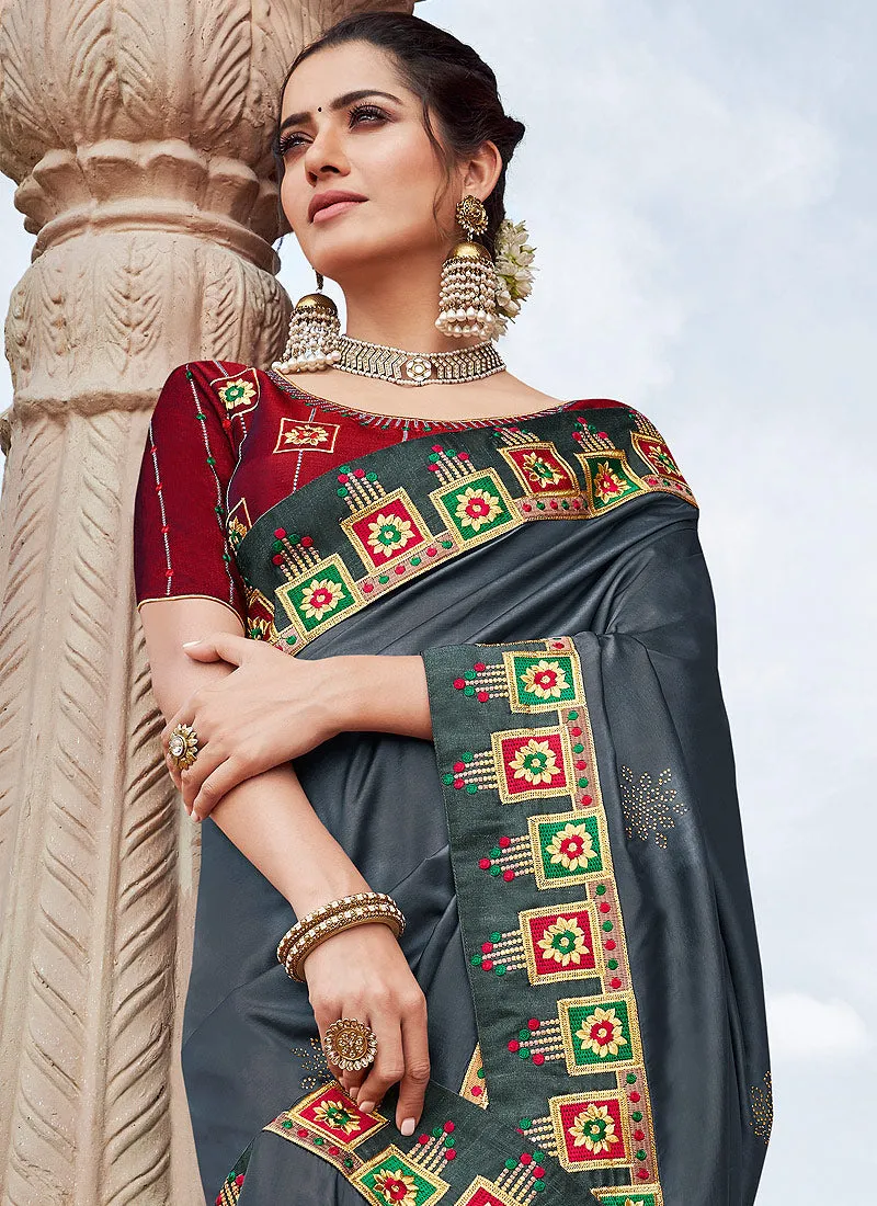 Slate Grey And Red Multi Embroidered Saree
