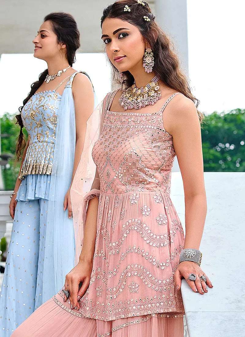Soft Peach Mirror Work Embellished Georgette Sharara Suit